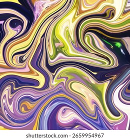 Obra de arte abstrata de fluido dinâmico com tons violeta, amarelo e verde-limão em redemoinho. Textura marmoreada energética, perfeita para temas de design criativo ou psicodélico.