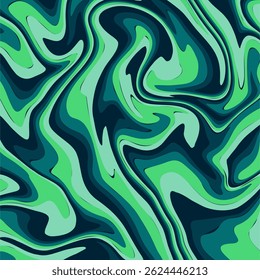 a dynamic and fluid abstract design, resembling a marbled or liquid paint effect. It utilizes a cool color palette, primarily focusing on various shades of green and dark blue.
