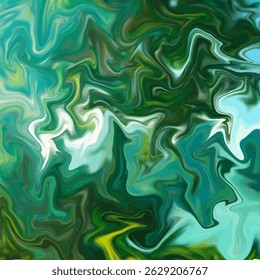 A dynamic fluid abstract marble pattern swirling layers of green, teal, white, and yellow.