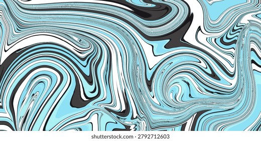 Dynamic fluid marble artwork with aqua blue, black, and white swirls creating a bold contemporary abstract composition.