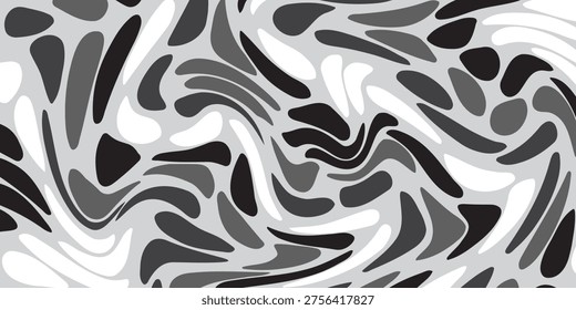 A dynamic and fluid pattern featuring a mix of gray and white, creating an abstract design with swirling lines and organic, amoeba-like shapes.