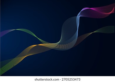 Uma fita dinâmica e fluida de luz multicolorida composta por delicadas linhas translúcidas que torcem e fluem graciosamente criando uma sensação de energia e movimento.