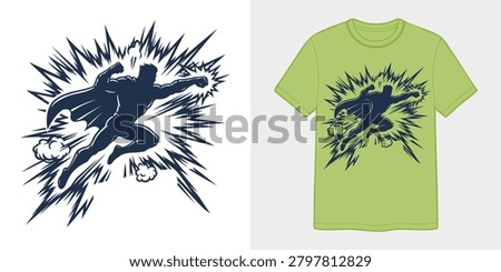 Dynamic flying superhero silhouette vector illustration with aggressive comic blast effect lines background for custom t-shirt print mockup