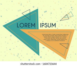 Dynamic flying triangles geometric banner vector design. Poster or flyer template with geometric confetti - triangles, circles, squares, cross, zigzag shapes. Banner graphic design with text place.