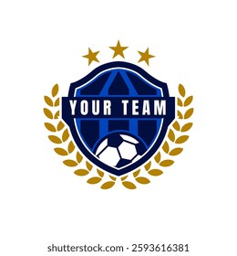 Dynamic football academy logo featuring a shield emblem with a soccer ball, golden laurel wreath, and stars, symbolizing excellence, teamwork, and victory.