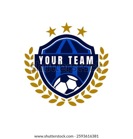 Dynamic football academy logo featuring a shield emblem with a soccer ball, golden laurel wreath, and stars, symbolizing excellence, teamwork, and victory.
