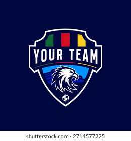 Un dinámico logo de fútbol con un águila volando sobre las montañas, que simboliza la fuerza, la libertad y la resiliencia.