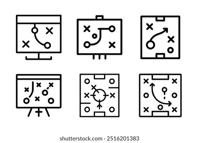 Dynamische Fußball-Taktik-Ikone, die Spielstrategien und Spielpläne zeigt. Schlanke Vektorgrafiken auf weißem Hintergrund, perfekt für Sportanalysen und Trainererfolg.