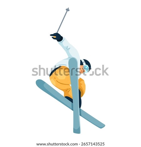 Dynamic freestyle skier in mid-jump with crossed skis, colorful outfit, minimal white background. Concept of winter sports action. Vector illustration