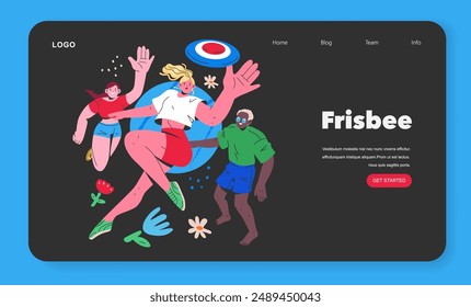 Ilustración dinámica del juego del frisbee con tres jugadores diversos que disfrutan de un día soleado al aire libre. Actividad de ocio enérgica, lúdica e inclusiva. Ilustración vectorial.