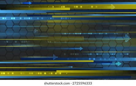 Dynamic futuristic background with glowing arrows, fast light streaks and hexagon pattern in blue and yellow tones, symbolizing speed, technology, progress and digital innovation.