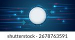 Dynamic futuristic background with a white circle in the center and glowing arrows and speed lines in blue and pink tones, symbolizing progress, technology and fast digital innovation, data transfer.