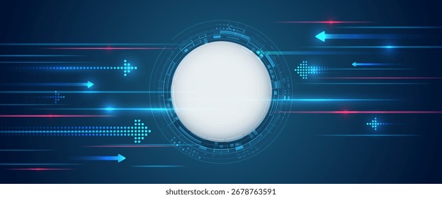 Dynamischer futuristischer Hintergrund mit einem weißen Kreis in der Mitte und leuchtenden Pfeilen und Geschwindigkeitslinien in blauen und rosa Tönen, symbolisiert Fortschritt, Technologie und schnelle digitale Innovation, Datenübertragung.