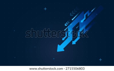 Dynamic, Futuristic blue arrows falling leftward depict bearish sentiment, shrinking investments, and financial instability. Downing Arrows Trend of Business

