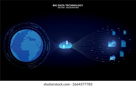 Transferência de dados digitais dinâmicos e futuristas com luzes azuis brilhantes e uma esfera de mapa mundial, documentos holográficos flutuantes e elementos de tecnologia de nuvem (upload e download). Tecnologia, IA