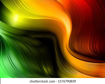 Dynamic futuristic shapes and lines in 3D style with depth effect. Trending abstract background of colored fluid waves in traffic light color