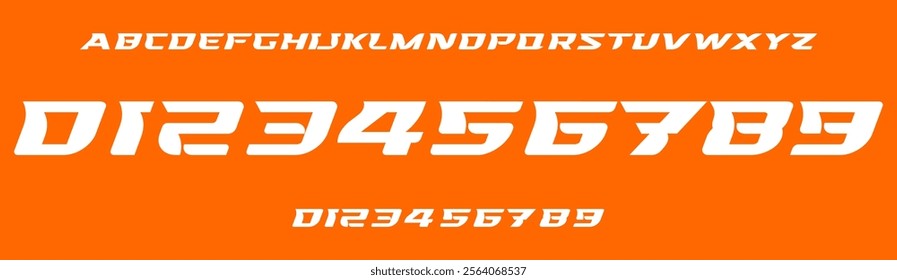 Dynamic futuristic typography, speed race futuristic numbers and letters, bold italic creative font for extreme sports branding, jersey numbers, automotive headline, team merchandise. Vector typeset