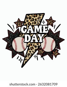 A dynamic "Game Day" design featuring leopard print lightning bolts, baseballs, and glitter stars. Perfect for sports fans!