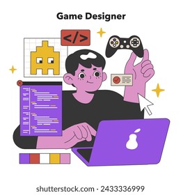 Dynamic Game Designer Desarrollando Mundos Interactivos. Un artista digital codifica y conceptualiza experiencias de juego inmersivas con creatividad y tecnología. Ilustración vectorial plana