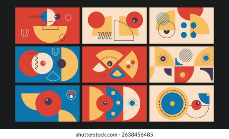 Dynamic geometric artwork with colorful circles and abstract elements over dark tones, great for posters, branding, and web visuals.