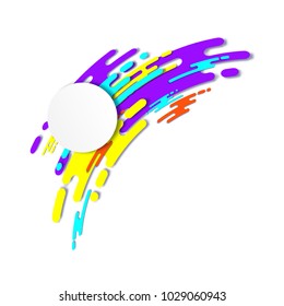 Dynamic Geometric Background with Round White Mockup with Colorful Diagonal Shapes. in Retro Style. Bright Futuristic Background for Banner, Cover, Card. Vector Pattern. Motion Illustration.