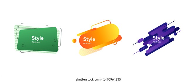 Dynamic geometric badges set. Colorful modern figures and lines with sample text. Trendy minimal templates for presentations, flyers, apps and websites. Vector illustration