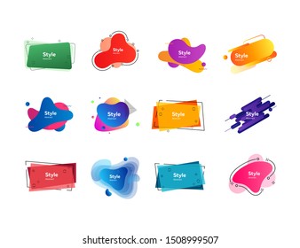 Dynamic geometric badges set. Colorful modern figures and lines with sample text. Trendy minimal templates for presentations, flyers, apps and websites. Vector illustration