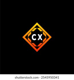 The dynamic geometric logo design features bold letters in an orange and black color scheme, displayed against a dark background