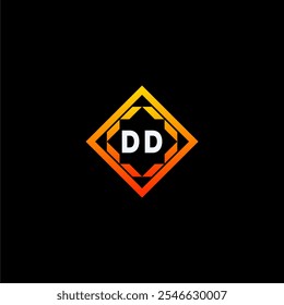 The dynamic geometric logo design features bold letters in an orange and black color scheme, displayed against a dark background