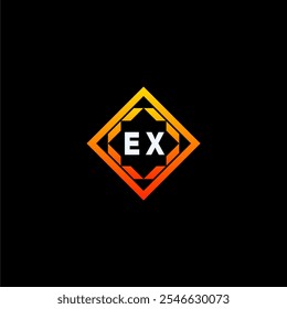 The dynamic geometric logo design features bold letters in an orange and black color scheme, displayed against a dark background