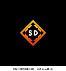 O design do logotipo geométrico dinâmico apresenta letras em negrito em um esquema de cores laranja e preto, exibido contra um fundo escuro