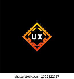 The dynamic geometric logo design features bold letters in an orange and black color scheme, displayed against a dark background