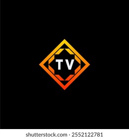 The dynamic geometric logo design features bold letters in an orange and black color scheme, displayed against a dark background