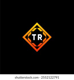 The dynamic geometric logo design features bold letters in an orange and black color scheme, displayed against a dark background