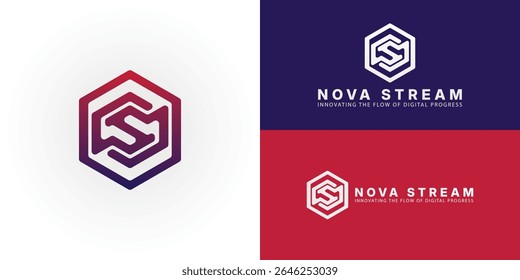 Logotipo geométrico dinâmico com um gradiente vibrante, apresentando formas abstratas de encravamento que sugerem as iniciais NS dentro de um hexágono. Este design é ideal para o símbolo de desenvolvimento de tecnologia e software