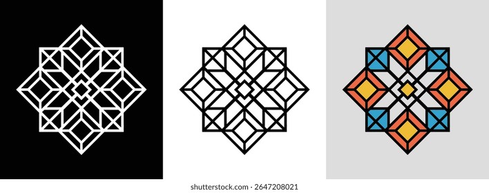 Dynamic geometric mandala with concentric diamonds and vibrant fills for bold decor.