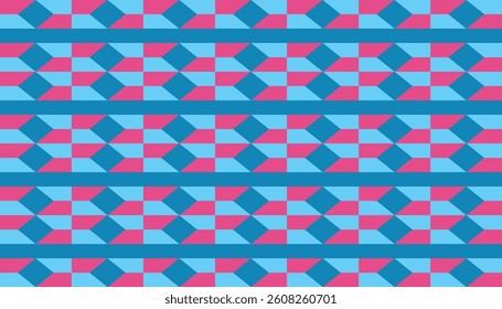 A dynamic geometric pattern consisting of rectangular and triangular shapes in shades of light blue and pink, arranged in regular horizontal rows