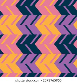 Dynamic geometric pattern featuring bold arrows in warm pink, yellow, and navy tones. A seamless design perfect for modern aesthetics.