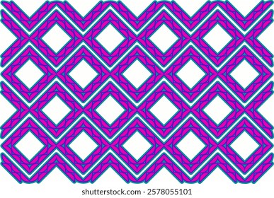 Dynamic geometric pattern in vibrant pink and blue. Abstract design with intricate details, perfect for modern backgrounds or textile prints. Clean lines and bold colors create a visually striking