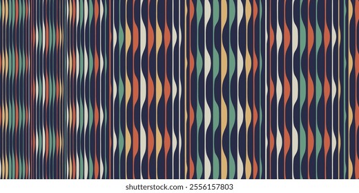 Dynamic geometric pattern with wavy lines and vibrant colors. Groovy and psychedelic vibe, perfect for backgrounds.