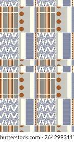 Dynamic geometric patterns blend bold stripes, playful dots, and intricate chevrons in a modern palette of browns, blues, and white. Perfect for textile and digital design trends.