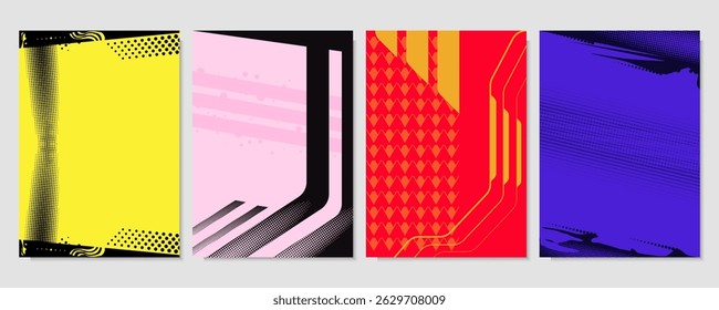 Geometria dinâmica em um fundo esportivo com formas abstratas e bolhas. Formato de papel A4, definido para impressão, menu, cronogramas, etiqueta de preço, embalagem, etiqueta. Pop art, mídia social. Ilustração vetorial.