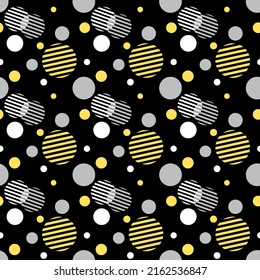 Dynamic geometry seamless motif with striped circles for header, background, etc. Black, white, yellow and grey color geometric pattern for surface design. Vector illustration