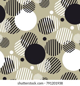 Dynamic geometry seamless motif with striped circles for header, background, etc. Black, white and beige color geometric pattern for surface design.