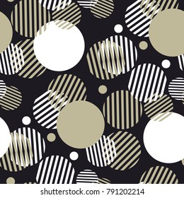 Dynamic geometry seamless motif with striped circles for header, background, etc. Black, white and beige color geometric pattern for surface design.