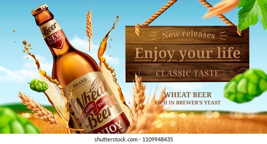 Dynamic glass bottle wheat beer ads with hops and splashing liquid in 3d illustration, bokeh golden wheat field background