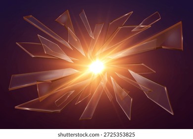 Dynamischer Glaszertrümmerungseffekt mit leuchtenden Partikeln und Lichtstrahlen.