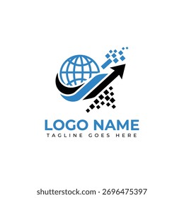 Conceito de design de logotipo de seta de crescimento dinâmico global de negócios para sucesso internacional, marca moderna e profissional, mostrando expansão mundial e progresso digital