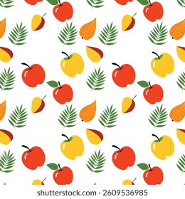 Dynamic Glossy Red and Yellow Apples with Lush Botanical Leaves Pattern