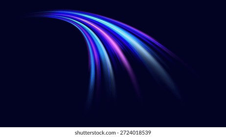 Dynamic glowing blue and purple light streaks arcing across a dark background. Concept of speed technology, digital information flow, and high speed connectivity.